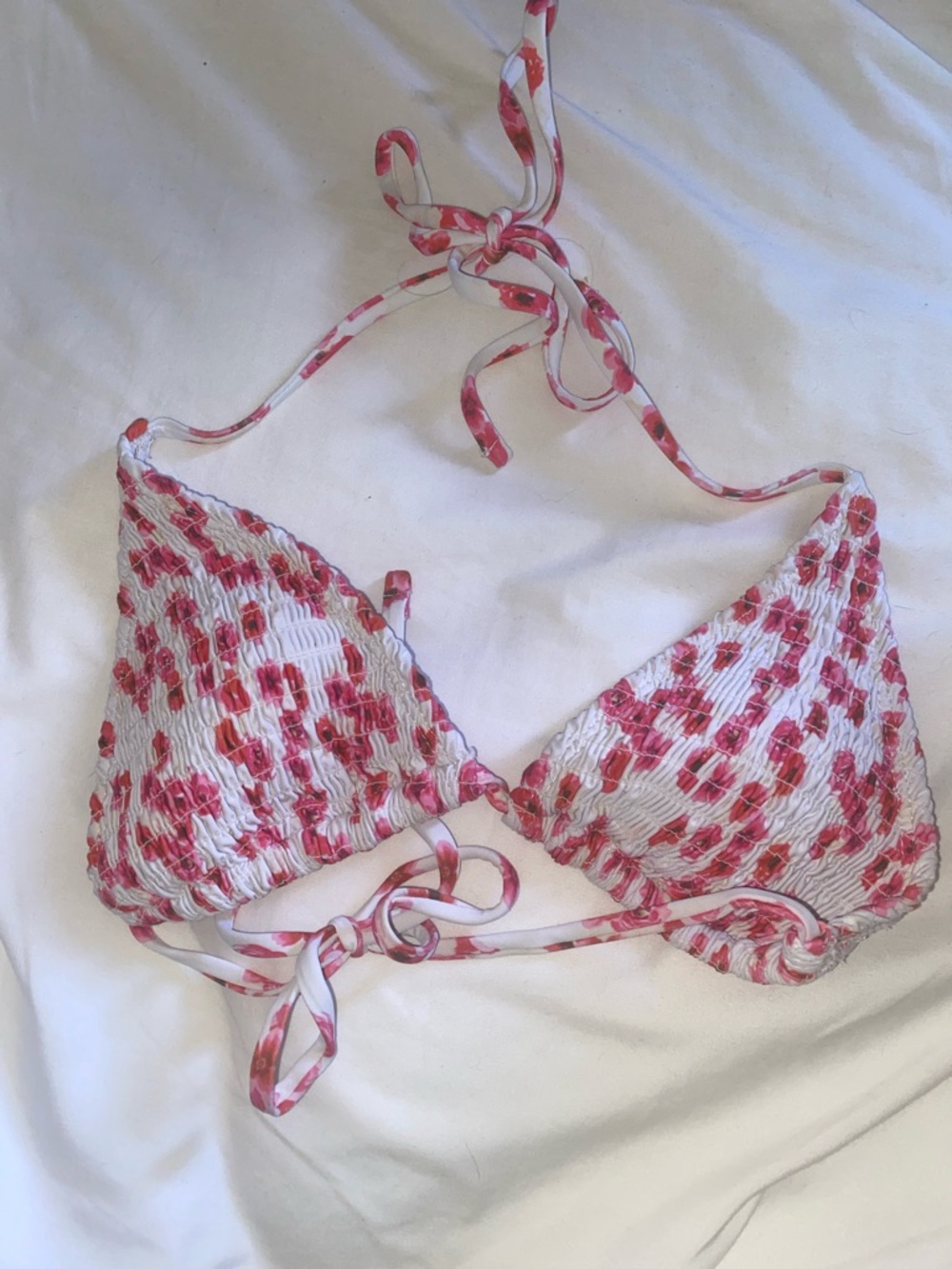 SHEIN White and Pink Smocked Triangle Bikini Top